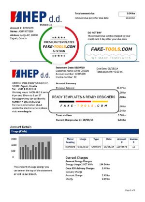 Croatia Hrvatska Elektroprivreda electricity utility bill template in Word and PDF format