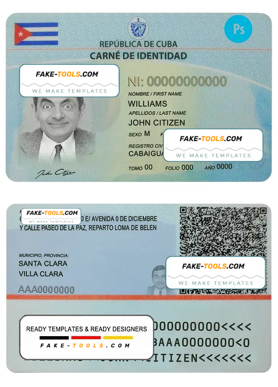 Cuba ID card PSD template, completely editable scan effect