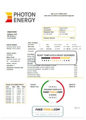 Czech Republic Photon Energy utility bill template in Word and PDF format