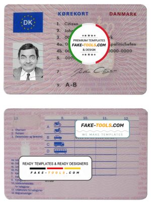 Denmark driving license template in PSD format, fully editable (1997 – 2013)