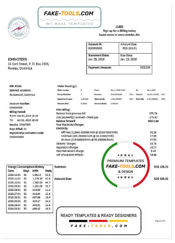 Dominica Electricity Services Limited electricity utility bill template in Word and PDF format Dominica Electricity Services Limited electricity utility bill template in Word and PDF format