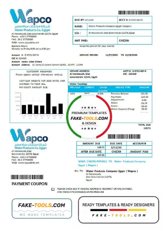Egypt Water Products Company Egypt (Wapco) utility bill template in Word and PDF format Egypt Water Products Company Egypt (Wapco) utility bill template in Word and PDF format