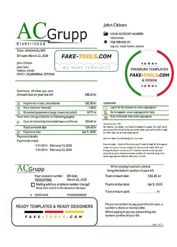 Estonia AC Grupp OÜ electricity utility bill template in Word and PDF format Estonia AC Grupp OÜ electricity utility bill template in Word and PDF format