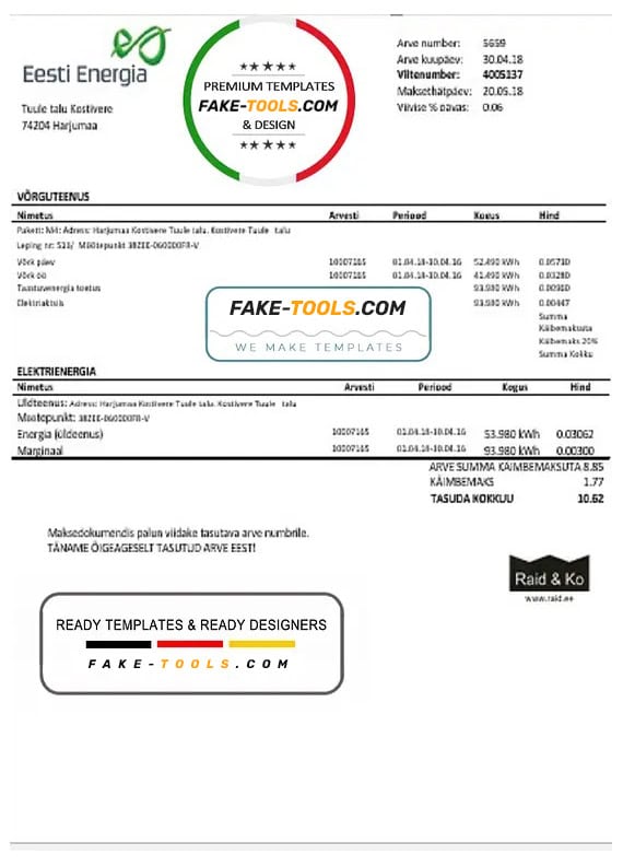 Estonia Eesti Energia electricity utility bill template in Word and PDF format Estonia Eesti Energia electricity utility bill template in Word and PDF format