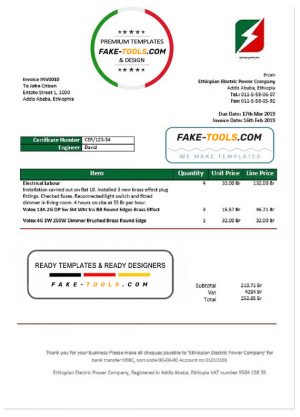 Ethiopia Ethiopian Electric Power Company electricity utility bill template in Word and PDF format