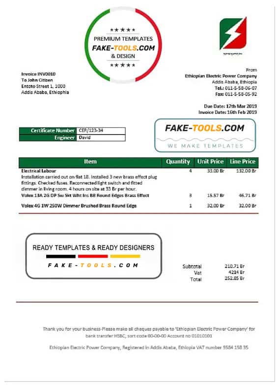 Ethiopia Ethiopian Electric Power Company electricity utility bill template in Word and PDF format Ethiopia Ethiopian Electric Power Company electricity utility bill template in Word and PDF format