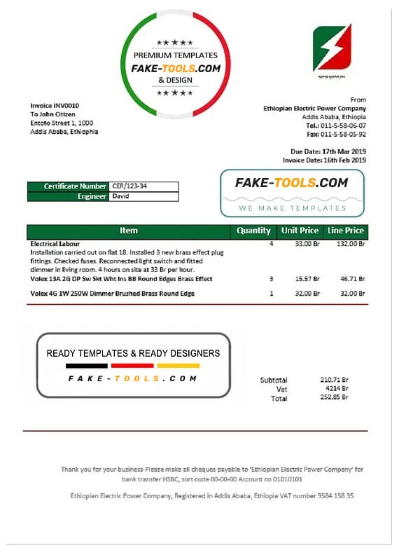 Ethiopia Ethiopian Electric Power Company electricity utility bill template in Word and PDF format Ethiopia Ethiopian Electric Power Company electricity utility bill template in Word and PDF format