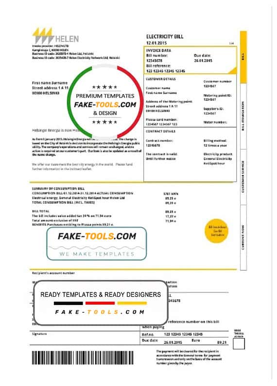Finland HELEN utility bill template in Word and PDF format Finland HELEN utility bill template in Word and PDF format