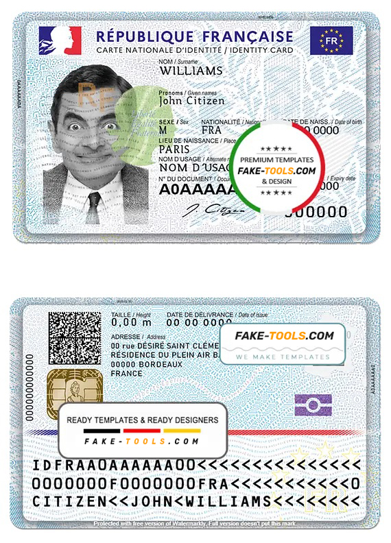 France national ID card template in PSD format, fully editable (2021 March - present) scan effect
