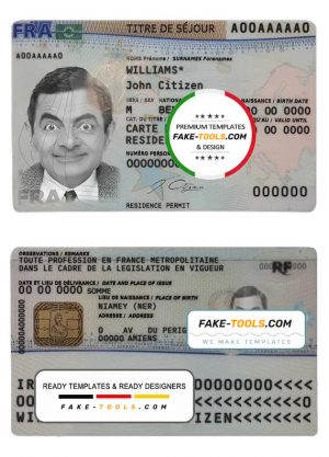 France residence permit (titre de séjour) template in PSD format, fully editable, with all fonts (2019 – present)