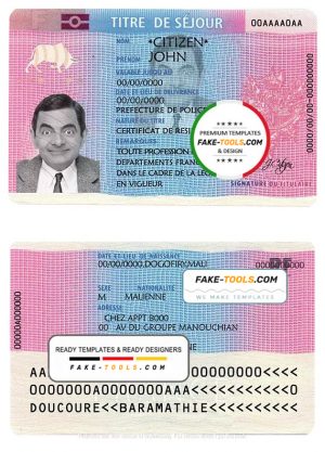 France residence permit (titre de séjour) template in PSD format, fully editable, with all fonts