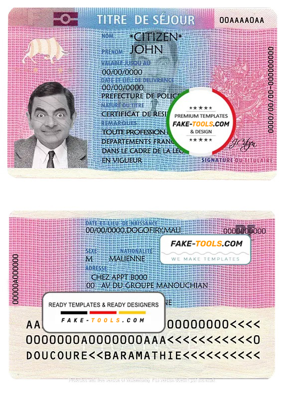 France residence permit (titre de séjour) template in PSD format, fully editable, with all fonts scan effect