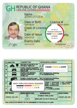 Ghana driving license template in PSD format, fully editable, with all fonts