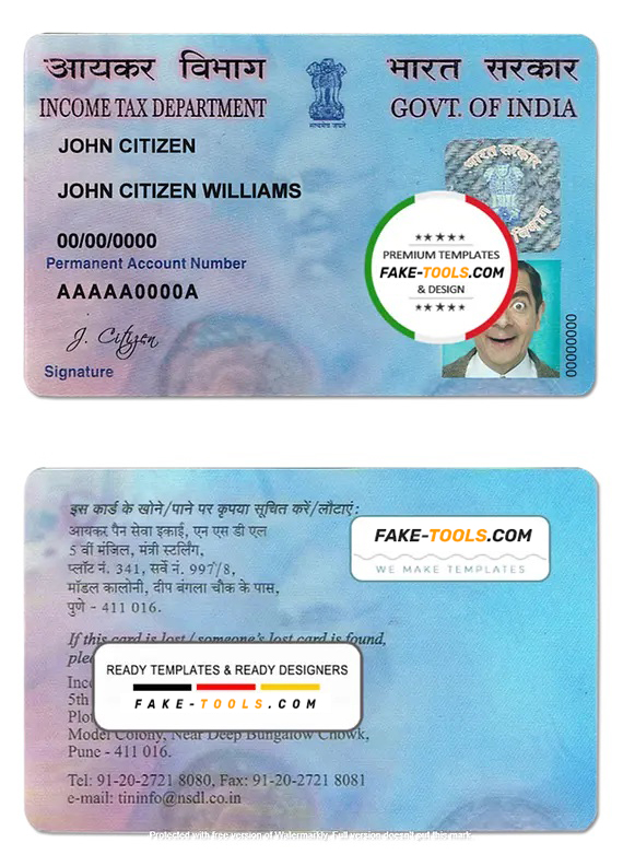 India e-PAN card template in PSD format (Income Tax Department), fully editable, with all fonts scan effect
