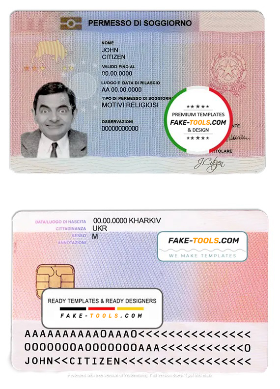 Italy residence permit card template in PSD format, fully editable scan effect