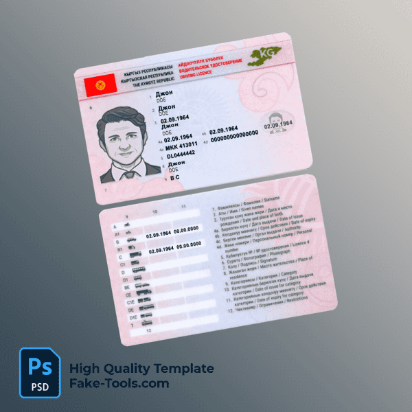 Kyrgyzstan driving license template in PSD format, fully editable