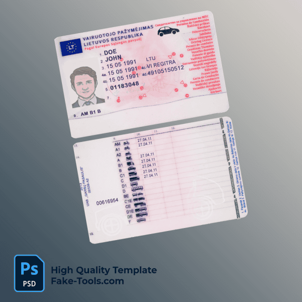 Lithuania (Litva) driving license template in PSD format, fully editable