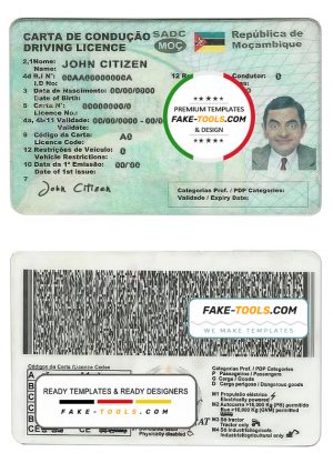 Mozambique driving license template in PSD format, fully editable