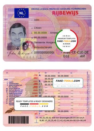 Netherlands driving license template in PSD format, fully editable, with all fonts