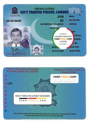 Pakistan City Traffic Police Lahore driver license template in PSD format, with all fonts, fully editable