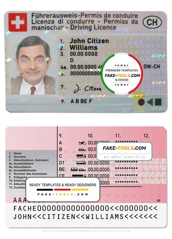 Switzerland driving license template in PSD format, fully editable