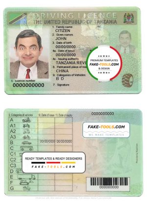 Tanzania driving license template in PSD format, with fonts