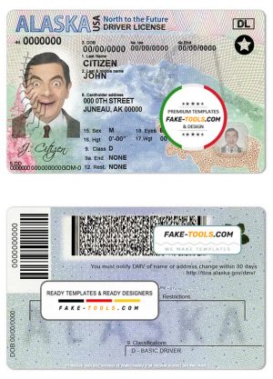 USA Alaska state driving license template in PSD format, with all fonts