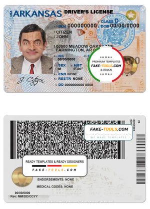 USA Arkansas driving license template in PSD format, with the fonts
