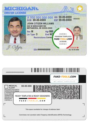 USA Michigan driving license template in PSD format, with the fonts