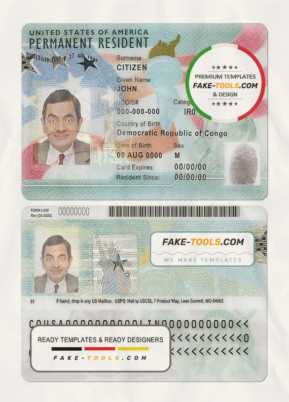 USA green card, permanent resident card template in PSD format, fully editable (2020-present) scan effect