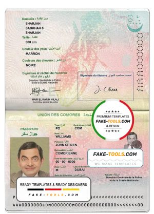 Union des Comores passport template in PSD format, fully editable