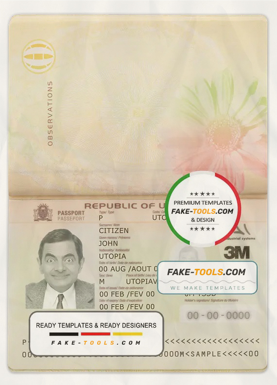 Utopia passport template in PSD format, fully editable scan effect