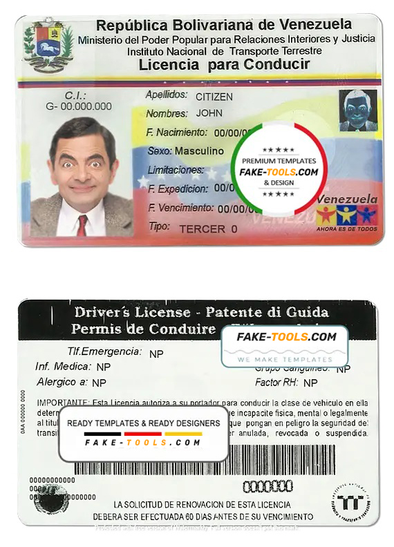 Venezuela driving license template in PSD format, fully editable scan effect