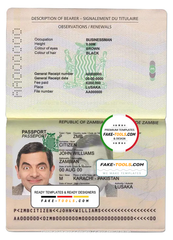 Zambia passport template in PSD format, fully editable scan effect