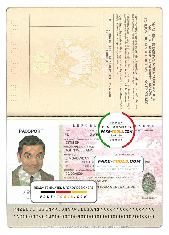 Zimbabwe passport template in PSD format, fully editable with all fonts scan effect