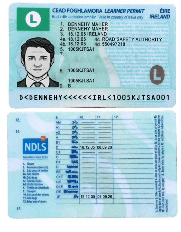 Ireland driving license template in PSD format, fully editable, with all fonts