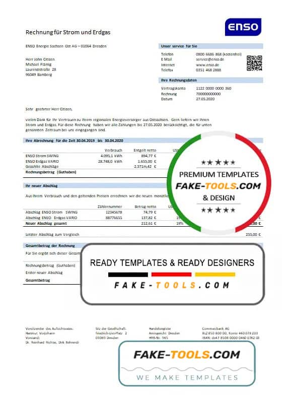 Germany ENSO rechnung für strom und erdgas utility bill template in Word and PDF format Germany ENSO rechnung für strom und erdgas utility bill template in Word and PDF format