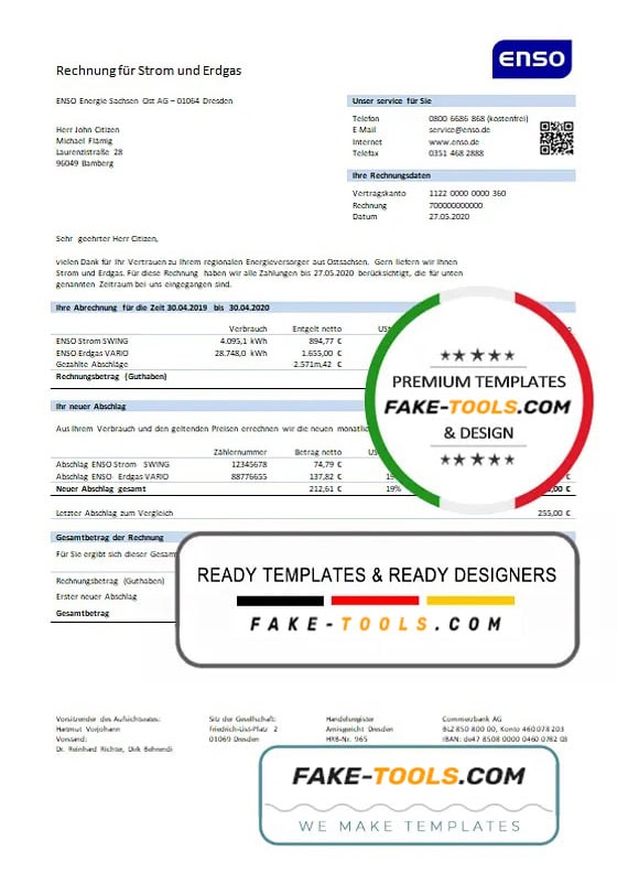 Germany ENSO rechnung für strom und erdgas utility bill template in Word and PDF format Germany ENSO rechnung für strom und erdgas utility bill template in Word and PDF format