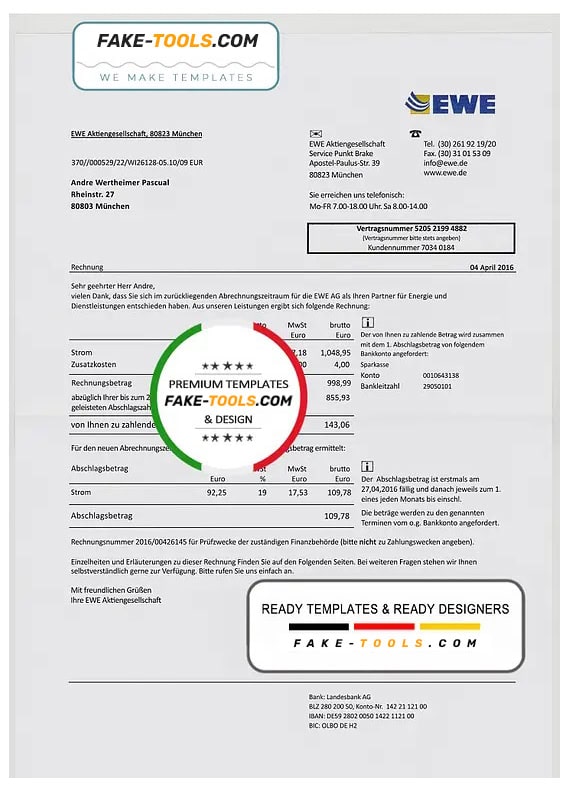 Germany EWE utility bill template, fully editable in PSD format Germany EWE utility bill template, fully editable in PSD format