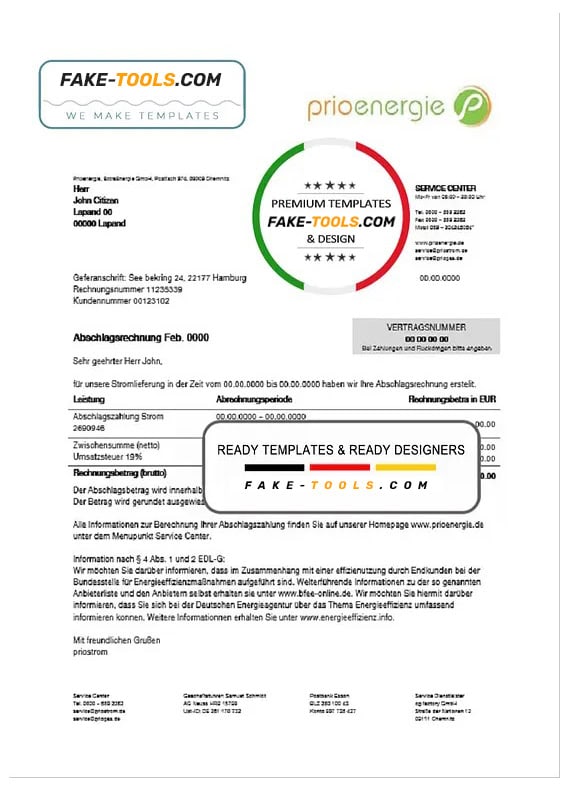 Germany Prioenergie proof of address utility bill template in Word and PDF format Germany Prioenergie proof of address utility bill template in Word and PDF format