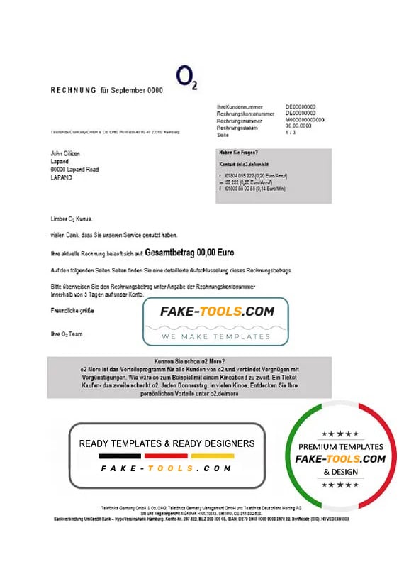Germany RECHNUNG O2 utility bill template in Word and PDF format Germany RECHNUNG O2 utility bill template in Word and PDF format