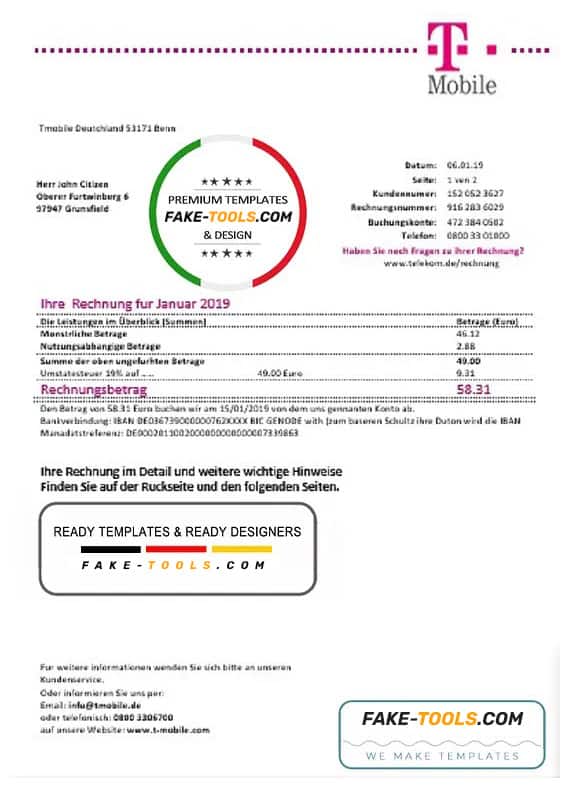 Germany T Mobile utility bill template in Word and PDF format Germany T Mobile utility bill template in Word and PDF format