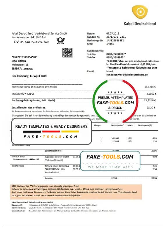 Germany TV Cabel utility bill template in Word and PDF format, fully editable Germany TV Cabel utility bill template in Word and PDF format, fully editable