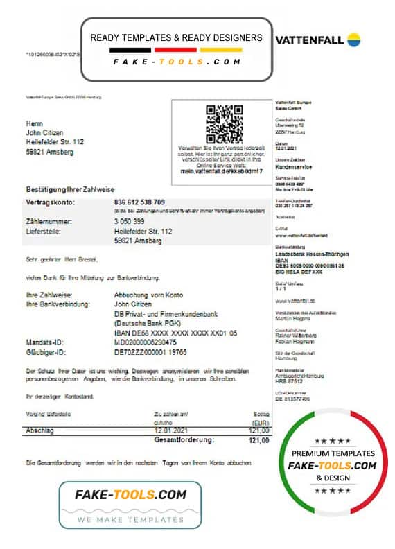 Germany VATTENFALL utility bill template in Word and PDF format (in German language) Germany VATTENFALL utility bill template in Word and PDF format (in German language)
