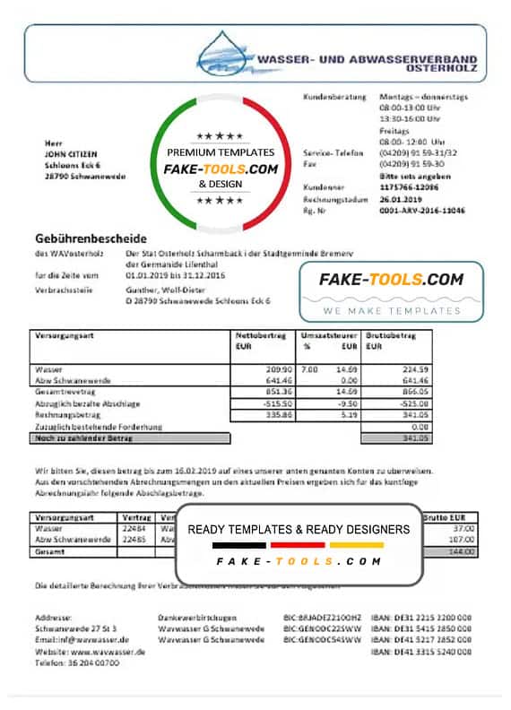 Germany Wavwasser utility bill template in Word and PDF format Germany Wavwasser utility bill template in Word and PDF format