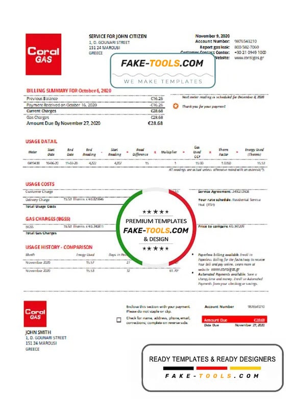 Greece CORAL GAS utility bill template in Word and PDF format Greece CORAL GAS utility bill template in Word and PDF format