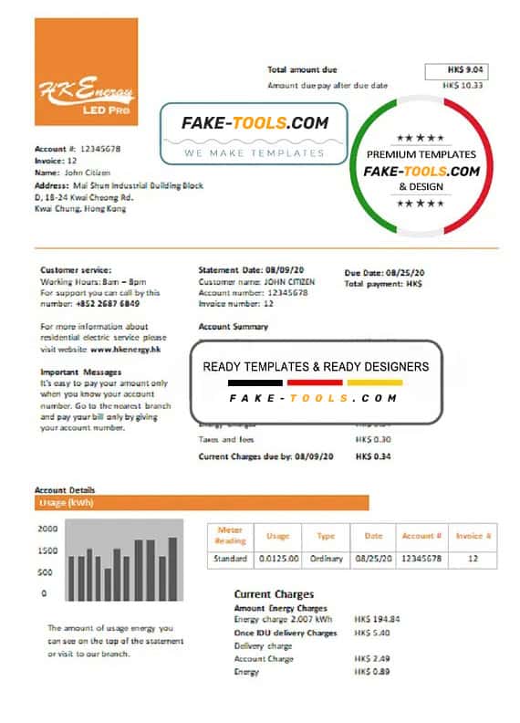 Hong Kong Energy Ltd utility bill template in Word and PDF format Hong Kong Energy Ltd utility bill template in Word and PDF format