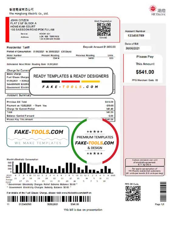 Hong Kong Hongkong Electric Company utility bill template in Word and PDF format Hong Kong Hongkong Electric Company utility bill template in Word and PDF format