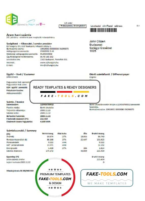 Hungary E2 utility bill template, fully editable in PSD format Hungary E2 utility bill template, fully editable in PSD format