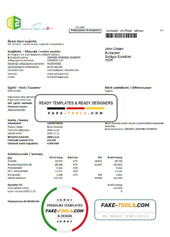Hungary E2 utility bill template, fully editable in PSD format Hungary E2 utility bill template, fully editable in PSD format